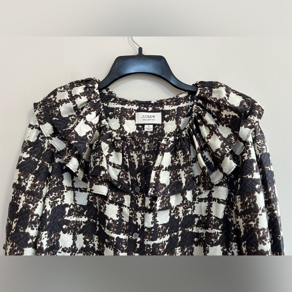 J. Crew Collection Silk Twill Ruffle-Collar Top in Brown Black Ivory Plaid, S - Picture 11 of 11